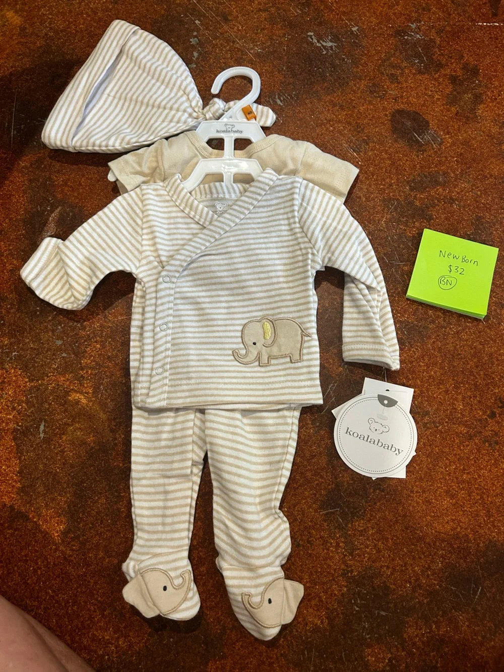 Koala Kids - infant NB- Cream Striped Elephant. 4 piece set. Hat, Onesie, Pants